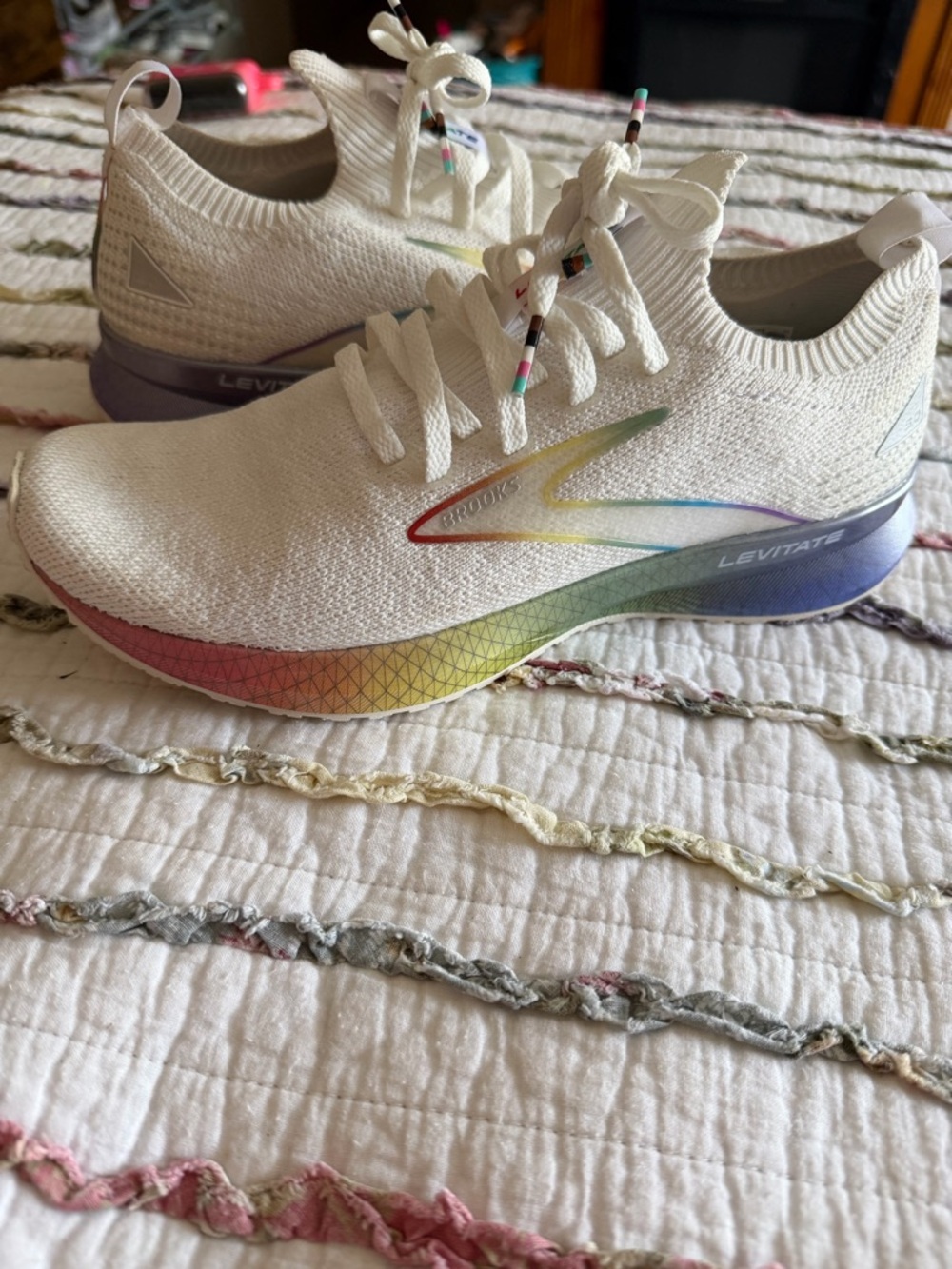 BROOKS….White Knit Lace-Up Sneakers with Rainbow Accent - Picture 3 of 6